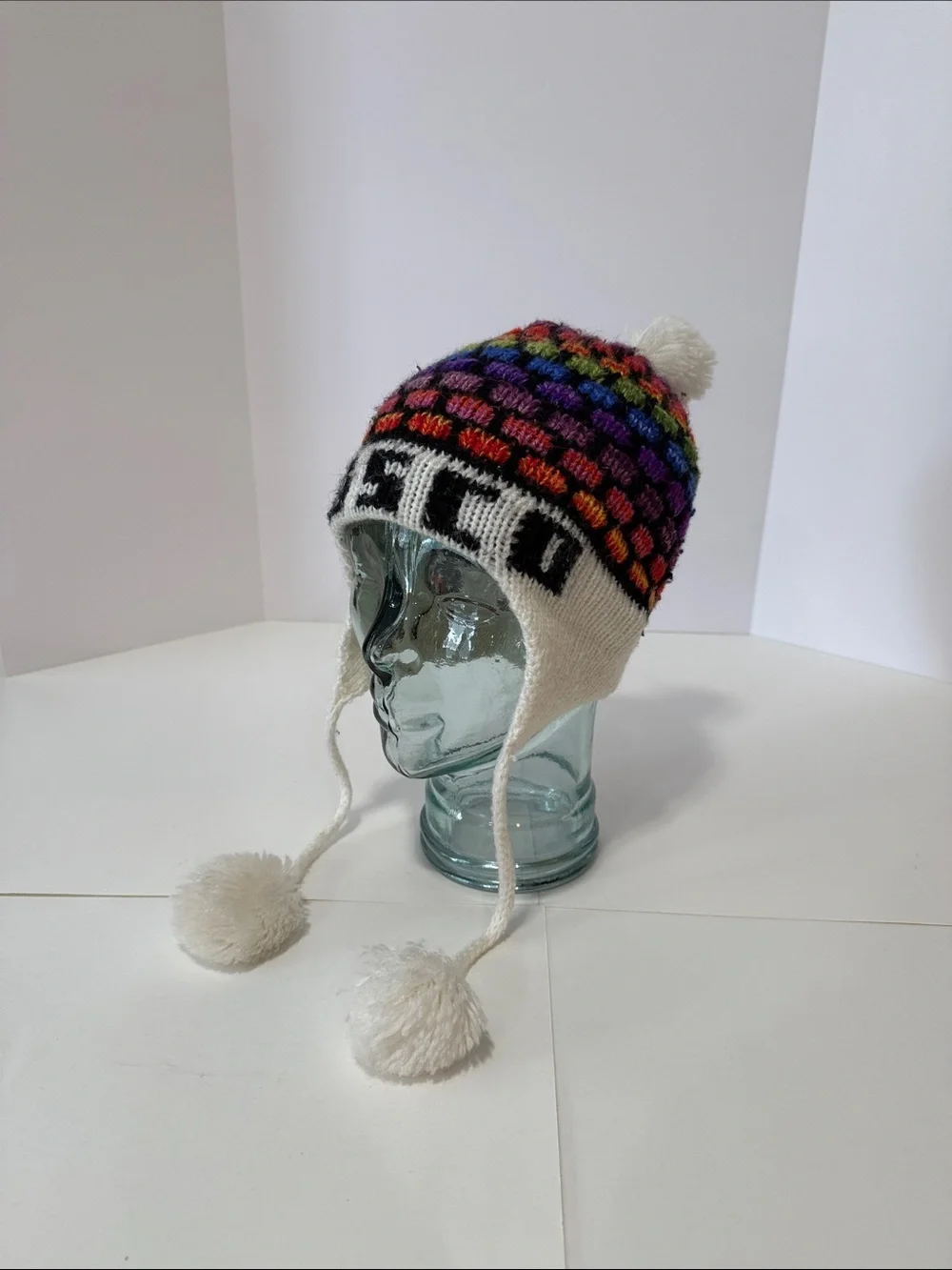 CUSCO Colorful Knit Earflap Beanie with Pom Poms